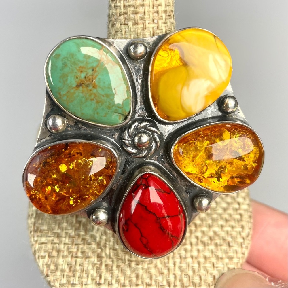 OLAND 925 Sterling Silver Baltic Amber Turquoise Multi Stone Ring 29.3g Sz 8.5